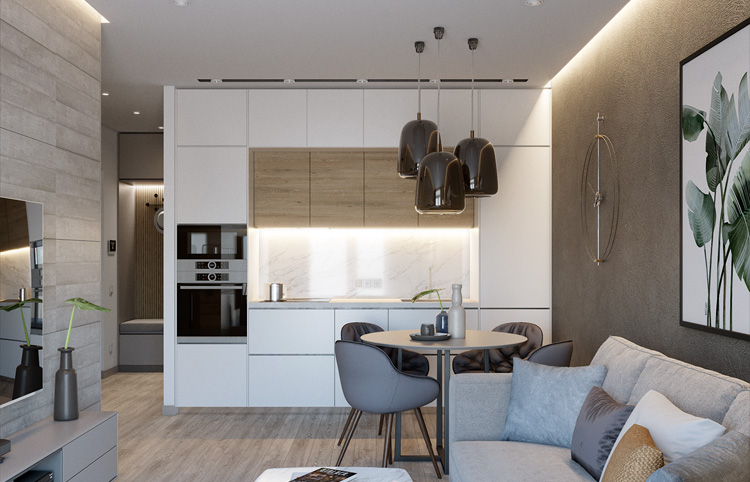 Дизайн современной кухни-гостиной 40 кв м с фасадами из стекла и пеналами с техникой