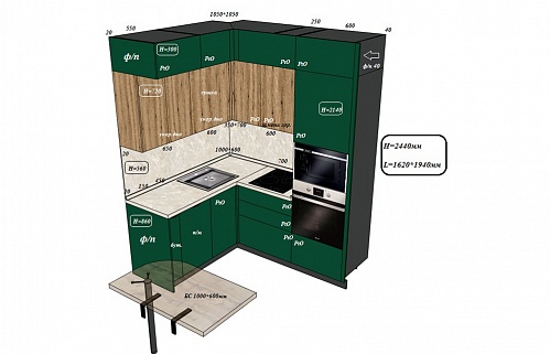 Кухня на заказ маленькая угловая модерн зеленая т.дерево портфолио встроенная без ручек стильные L маленькая под потолок 2ряда